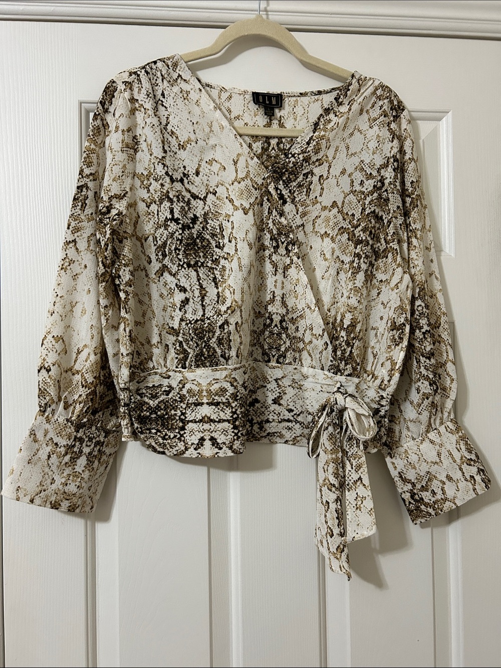 OLM Lightweight Snake-Print Wrap Blouse in Cream and Brown. Women’s Size Large.